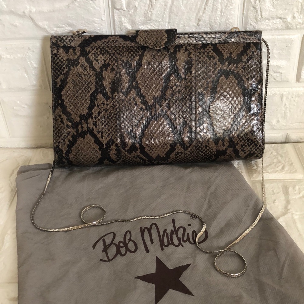 Bob Mackie dressy faux snake clutch with silver chain with dust bag 11"‎ x 6"
